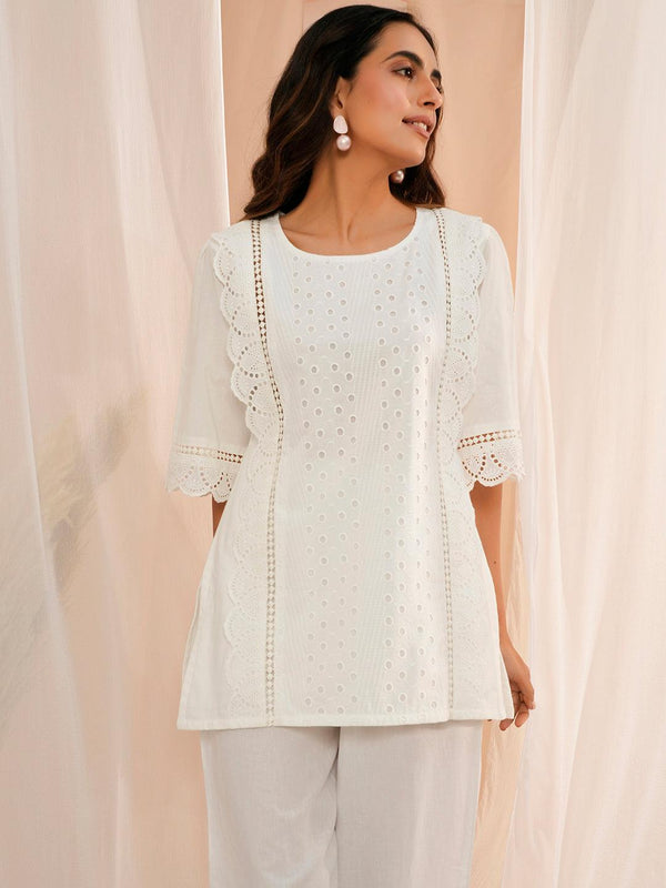 White Embroidered Cotton Straight Kurti - Jashvi