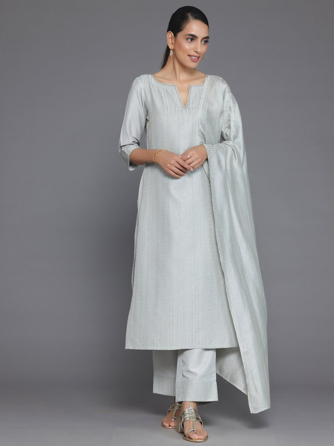 Grey Self Design Silk Blend Straight Suit With Dupatta - Jashvi