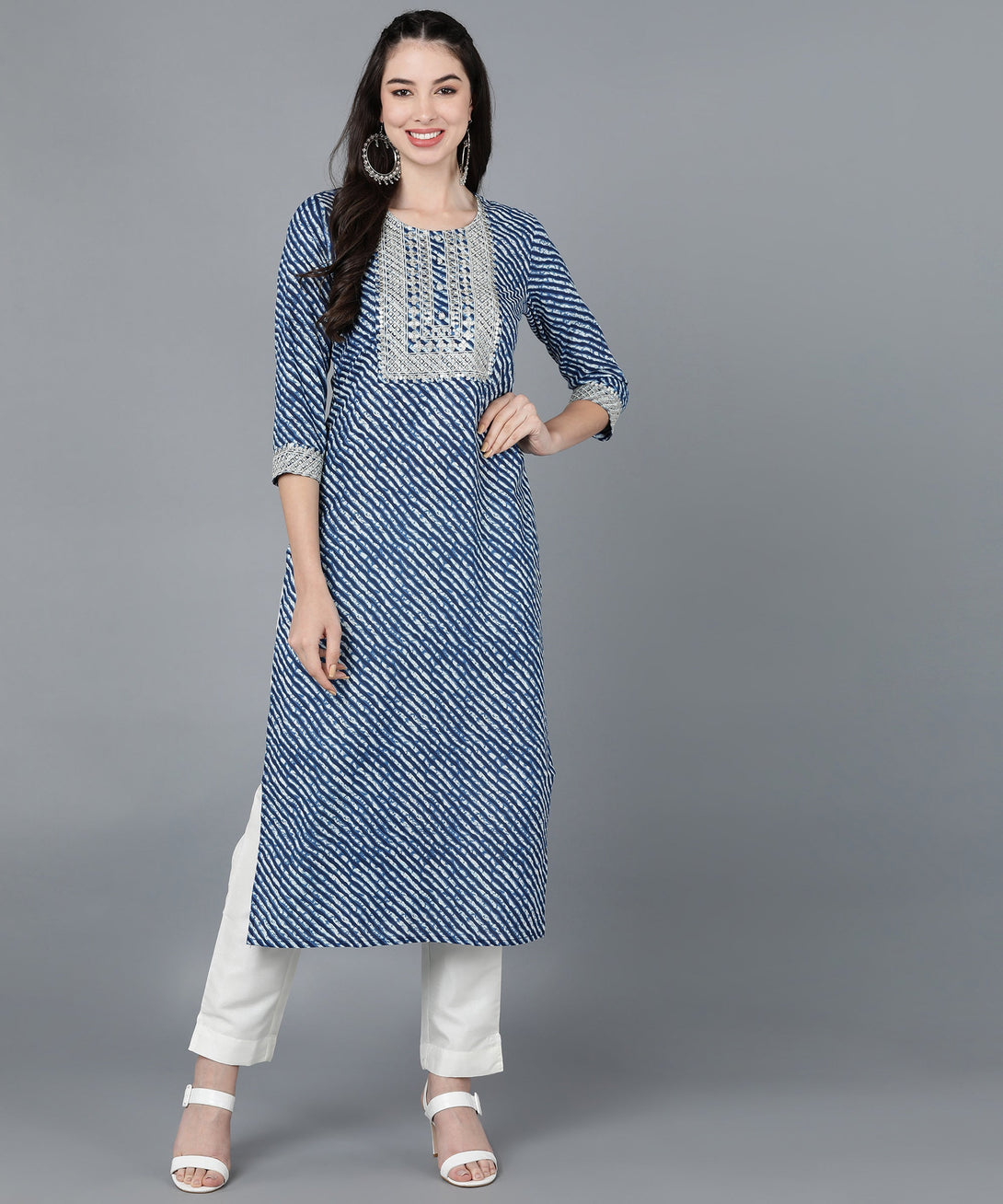 Women's Cotton Lehriya Print Straight Kurta (Navy Blue) - Kipek