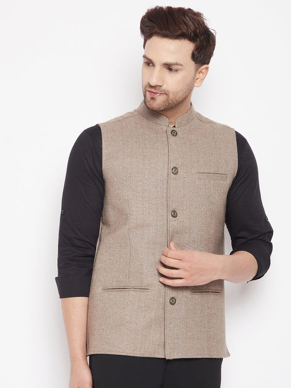 Men's Beige Color Woven Nehru Jacket - Even Apparels