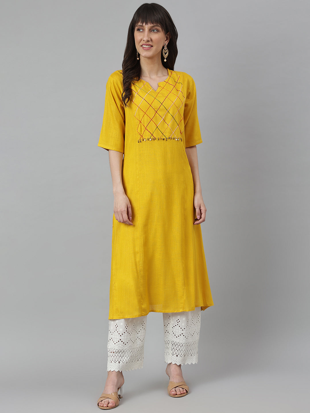 Women's Mustard A-Line Embroidery Kurta - Deckedup