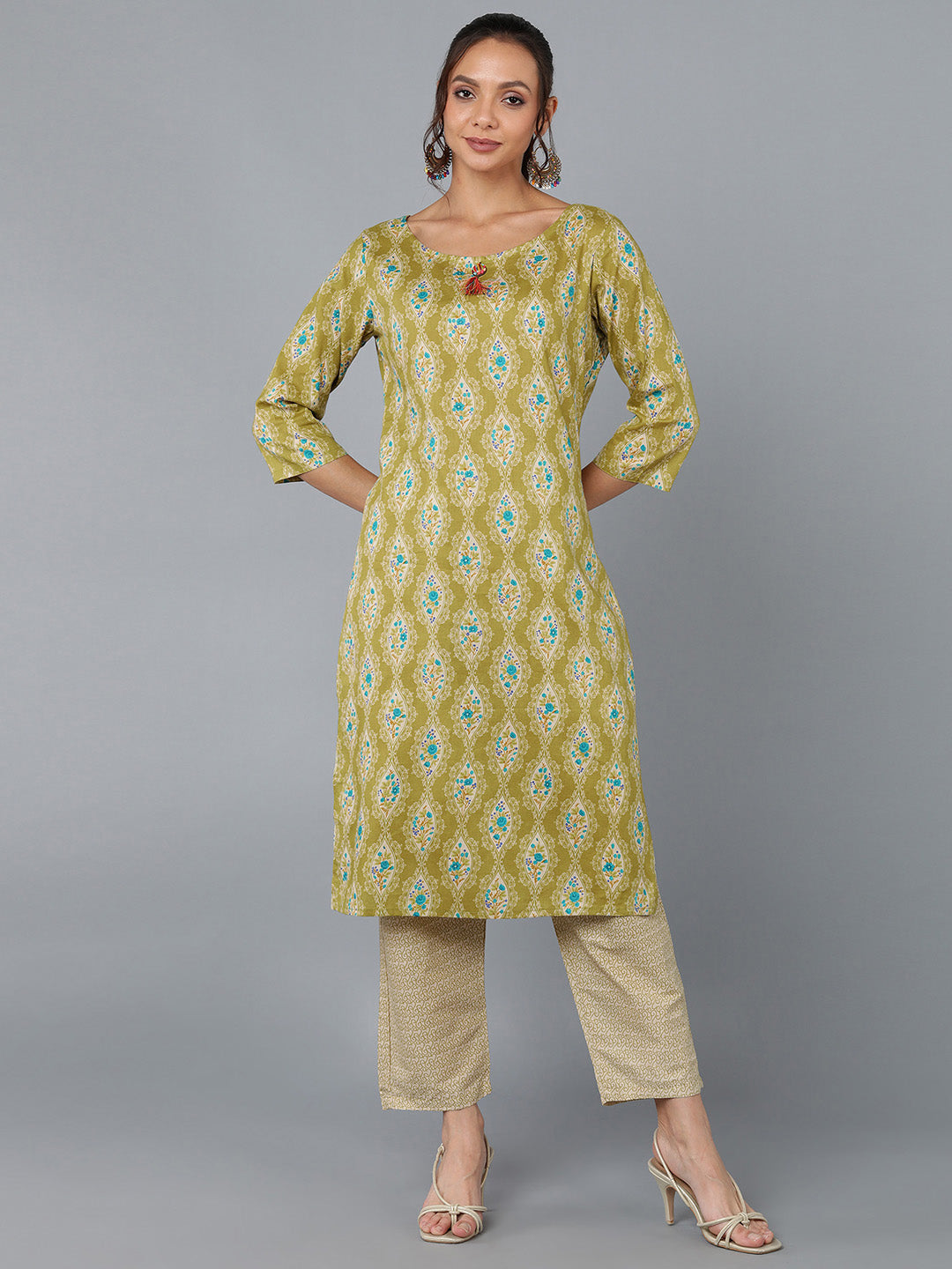 Women's Cotton Blend Printed Straight Kurta Set (Green) - Kipek