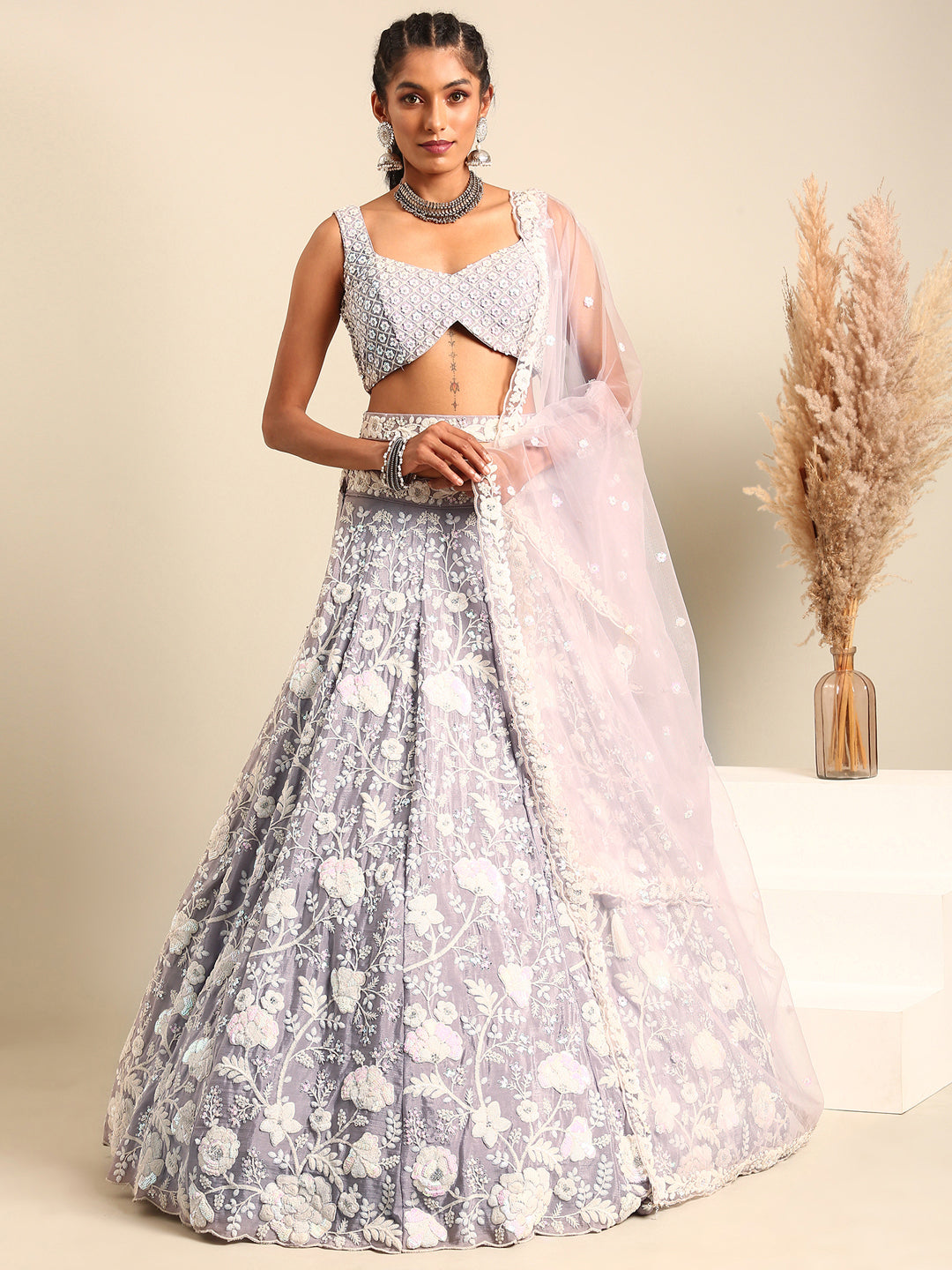 Women's Mauve Chinon Sequins And Zarkan Embroidery  Lehenga Choli & Dupatta - Royal Dwells