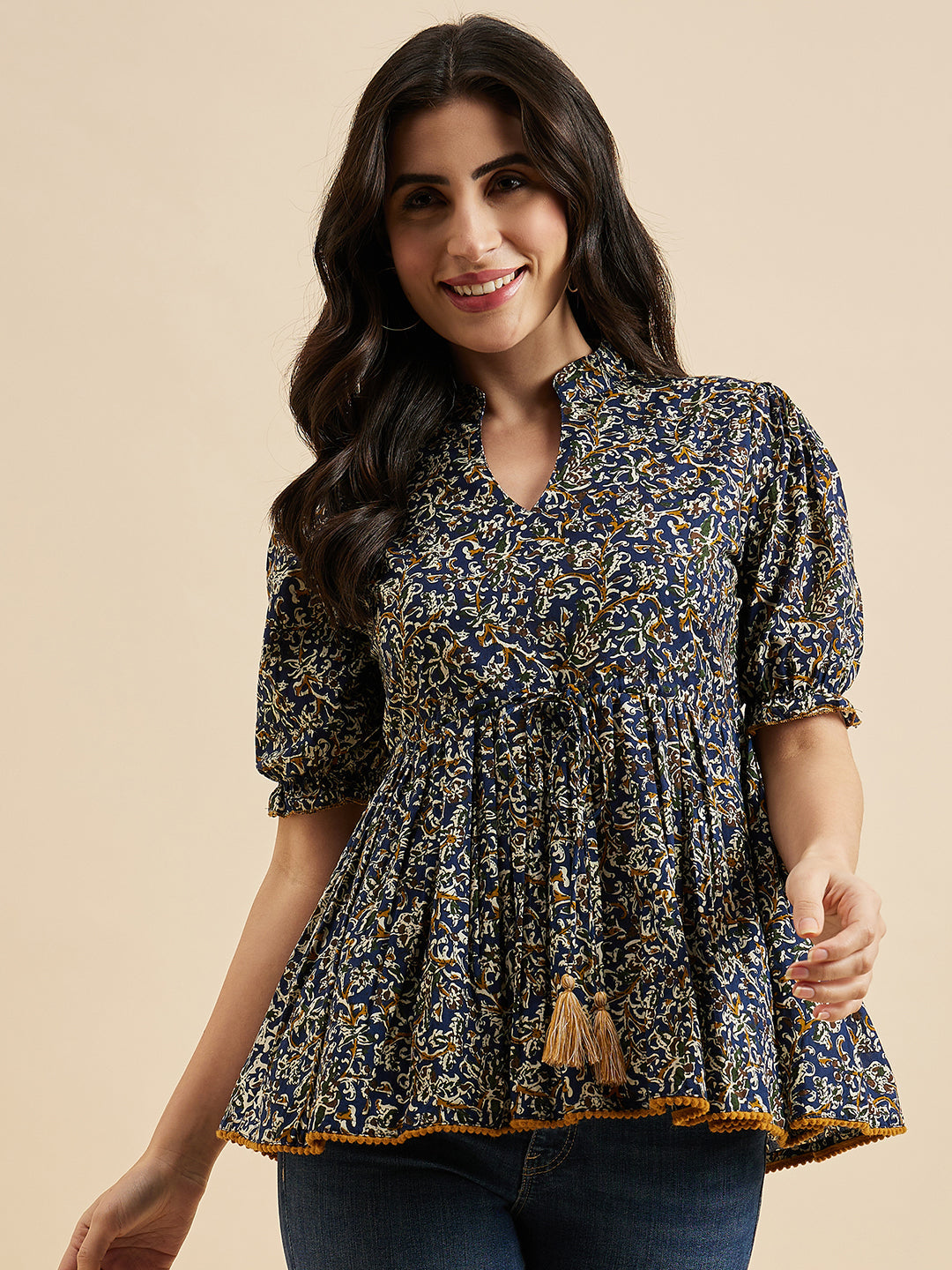 Women's Blue Cotton Floral Printed Top - Azira