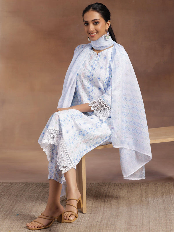 Sky Blue Embroidered Cotton Blend Straight Suit With Dupatta - Jashvi