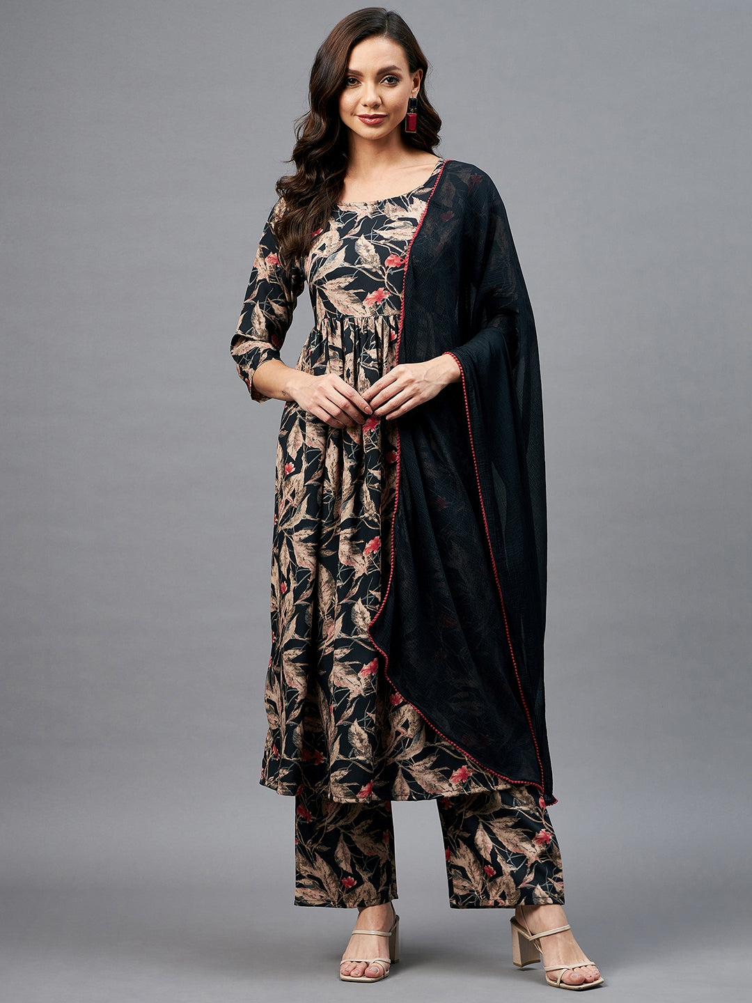 Women's Floral Printed Kurta Set With Palazzo & Dupatta - Azira