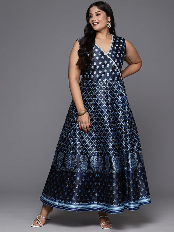 Blue Plus Size Printed Wrap Maxi Dress