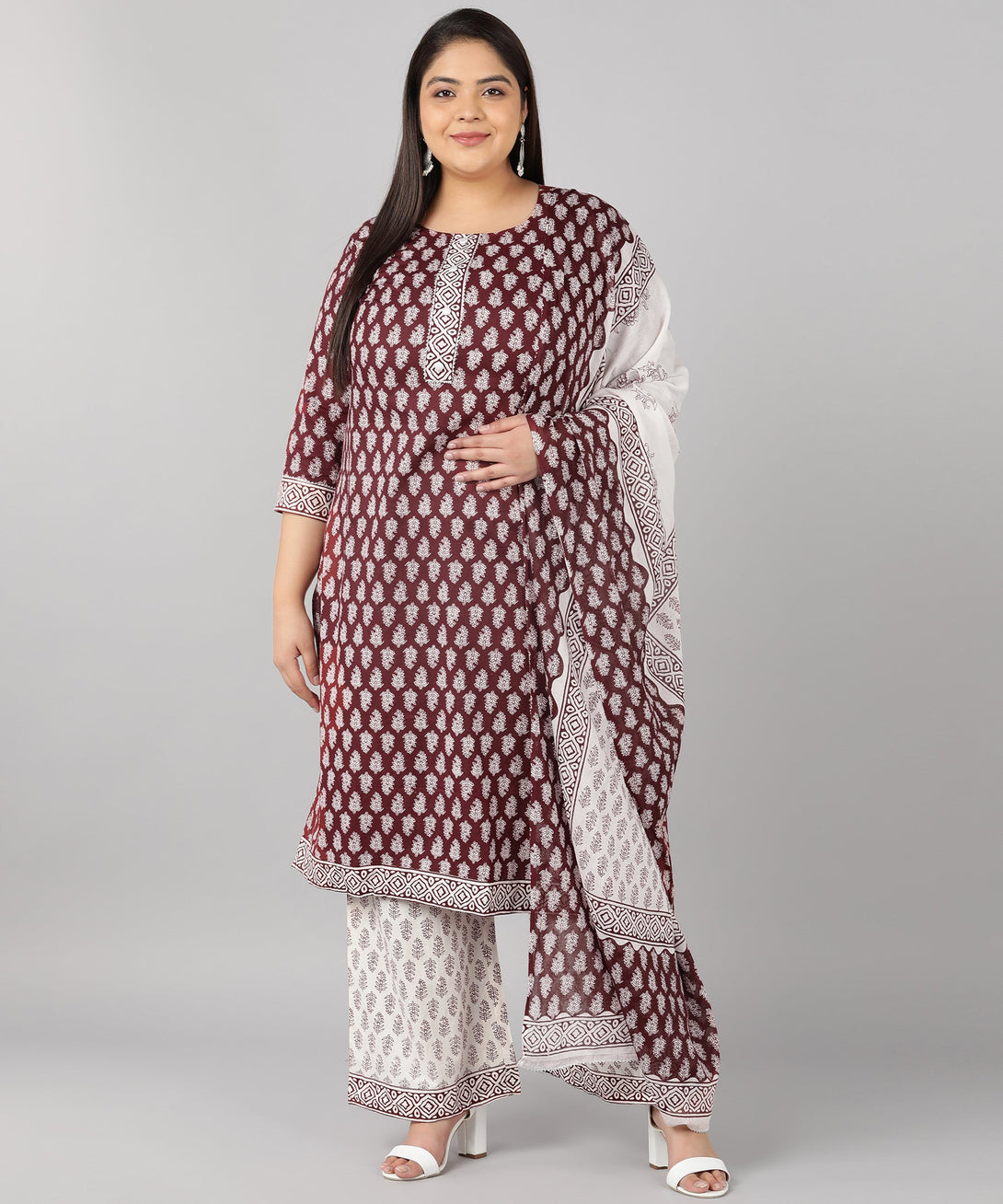 Women's Cotton Printed Flared Kurta Set (Maroon) - Kipek