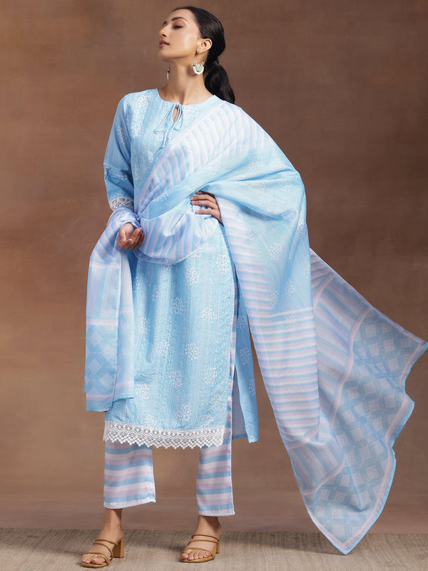 Blue Embroidered Cotton Blend Straight Suit With Dupatta - Jashvi