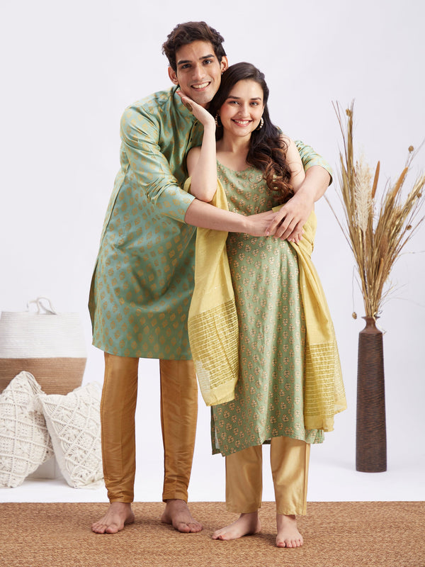 MEN WOMEN 36 - 42 Mint Green And Rose Gold Silk Blend Men's:Kurta Pyjama Set  Women's:Kurta Set