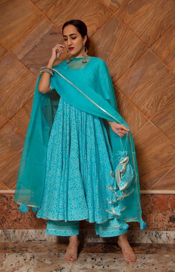 Women's Bandhej Blue Cotton Anarkali Set - Pomcha Jaipur