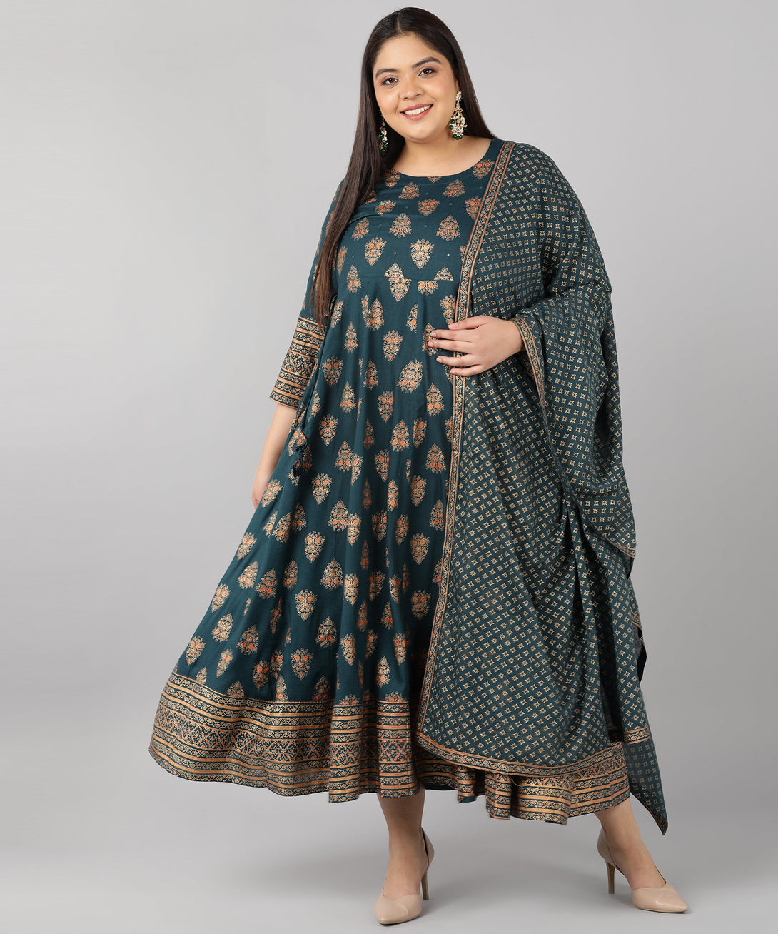 Women's Rayon Printed Anarkali Kurta Set (Teal) - Kipek