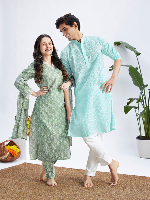 MEN WOMEN 36 - 42 Green Cotton Men's:Kurta  Women's:Kurta Set