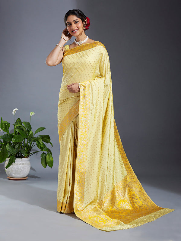 Women's Yellow & Gold Satin Paisley Zari With Beautiful Ethnic Motifs Banarasi Saree - Royal Dwells