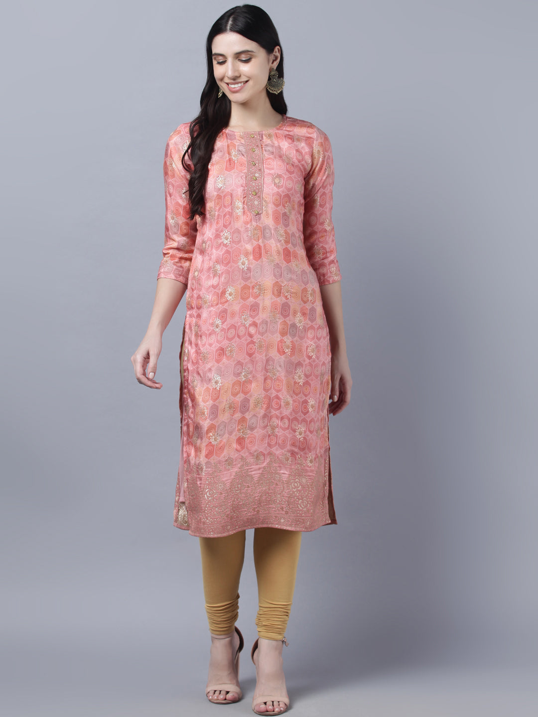 Women's Stylish Pink  3/4 Sleeve Kurta - Myshka