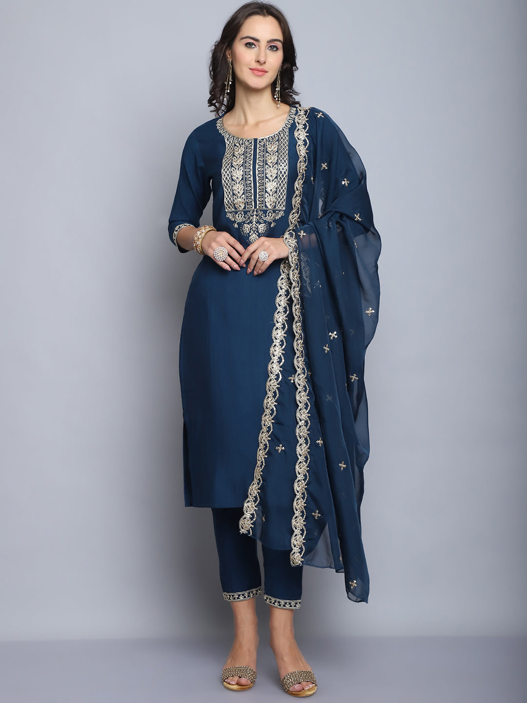 Women's Navy Blue Embroidery Silk Kurta And Pant Set With Dupatta - Alvami