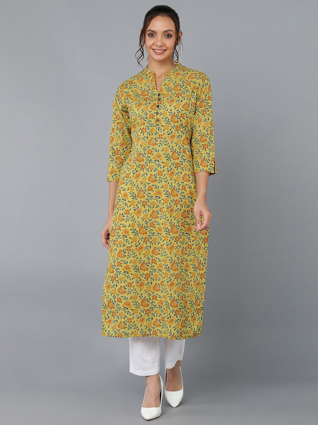 Women's Cotton Printed Straight Kurta (Mustard) - Kipek