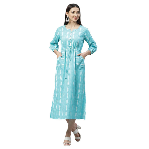 Women's Blue Cotton Printed 3/4 Sleeve Round Neck Casual Dress - Myshka