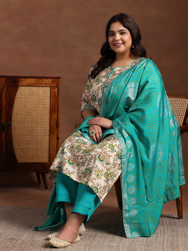 Plus Size Blue Printed Silk Blend Straight Suit With Dupatta