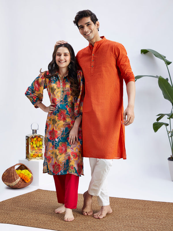 MEN WOMEN 36 - 42 Red And White Pure Cotton Men's:Kurta Pyjama Set  Women's:Kurta Set