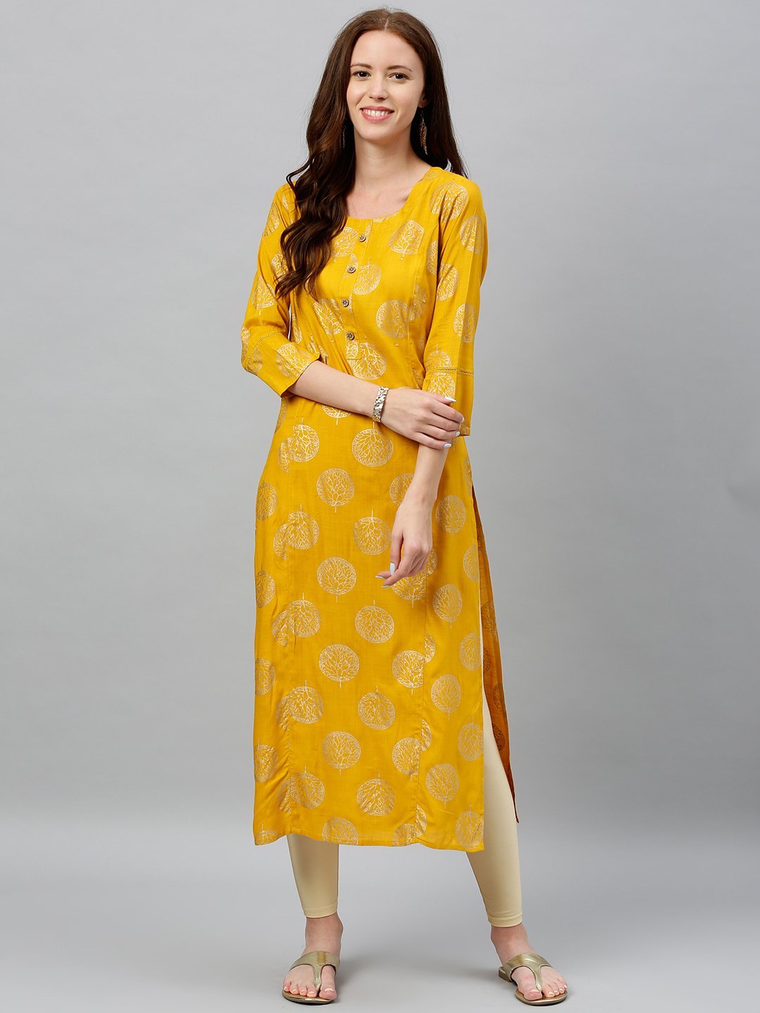 Women's Golden Floral Printed Kurta by Kipek- (1pc set)