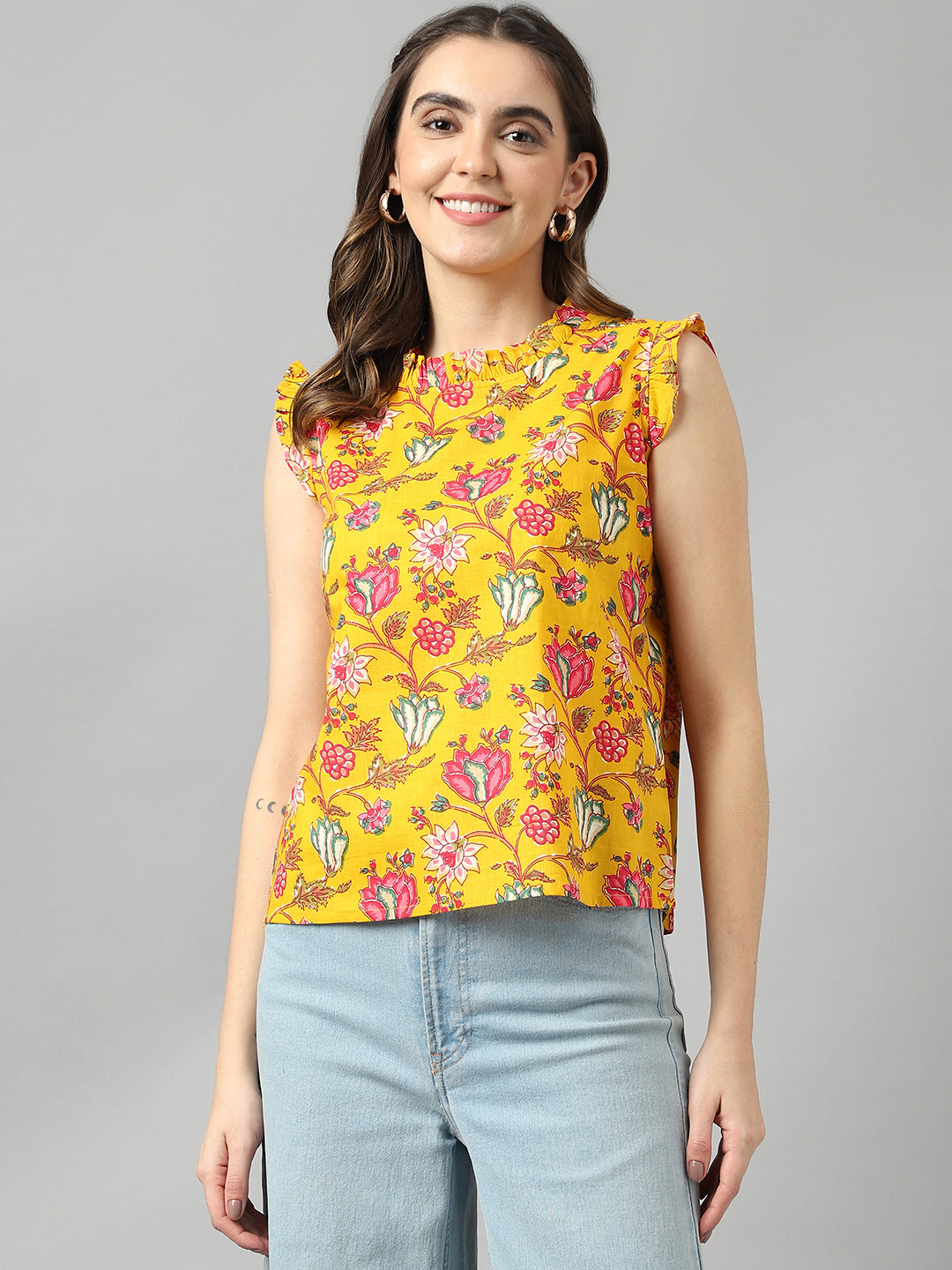 Women's Yellow Printed Cotton Sleeveless Floral Ruffle Top - Deckedup