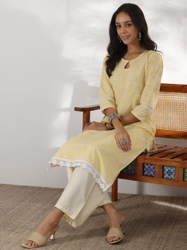 Yellow Printed Cotton Straight Kurta