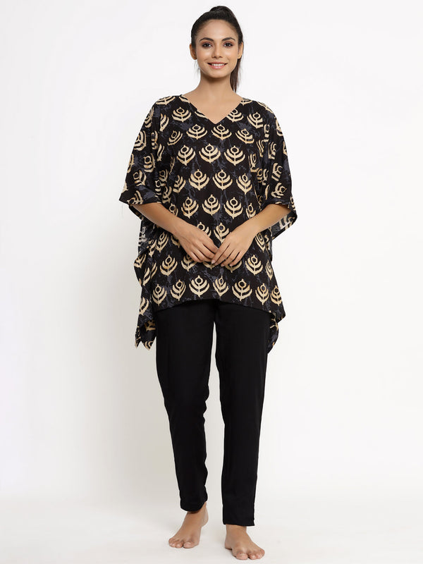 Women's Self Desgin Rayon Fabric Kaftan & Pant Black Color - Kipek