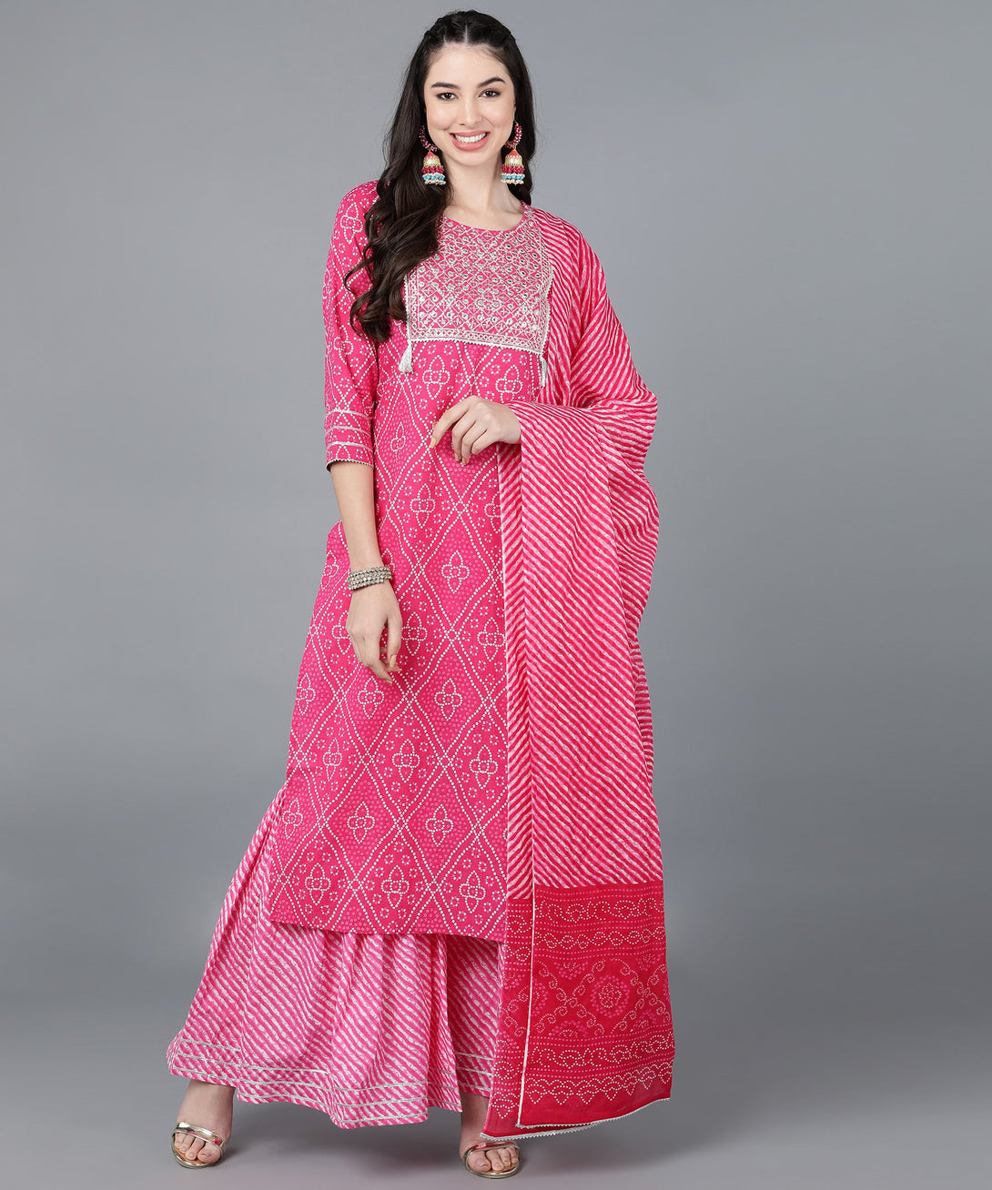 Women's Cotton Lehriya Print Straight Kurta Set (Pink) - Kipek