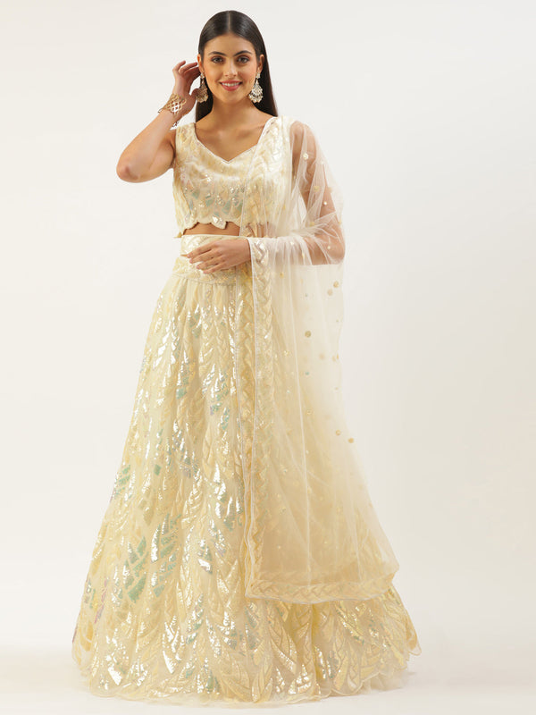 Women's Cream Net Sequinse Work Fully-Stitched Lehenga & Stitched Blouse, Dupatta - Royal Dwells