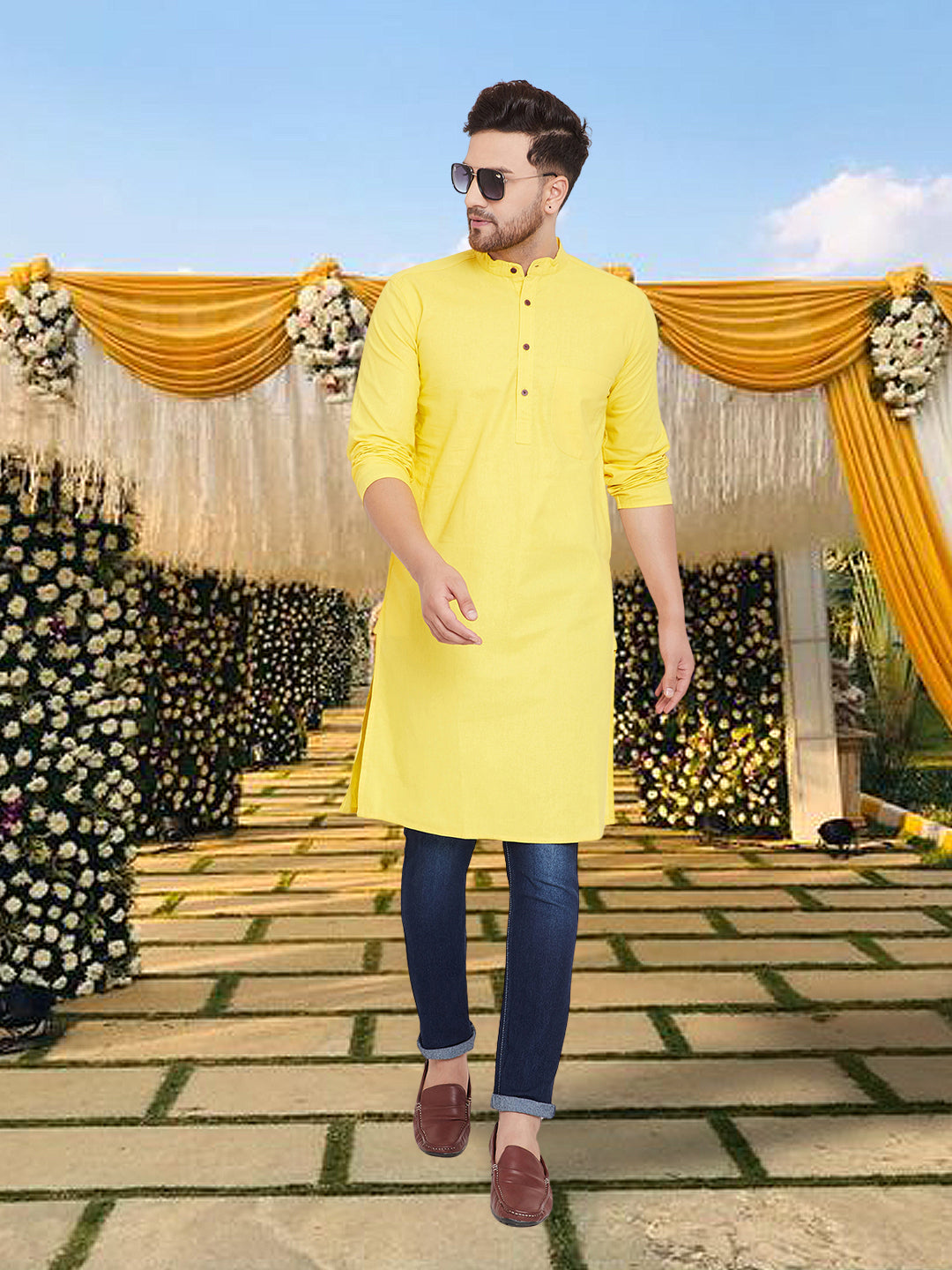 Men's Pure Cotton Yellow Kurta - Even Apparels