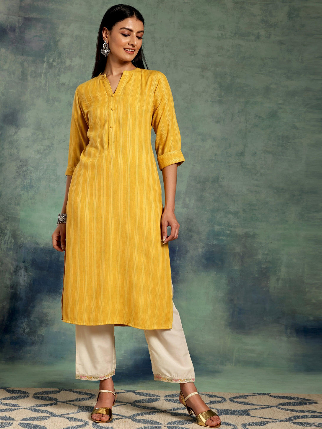 Yellow Woven Design Rayon Straight Kurta - Jashvi