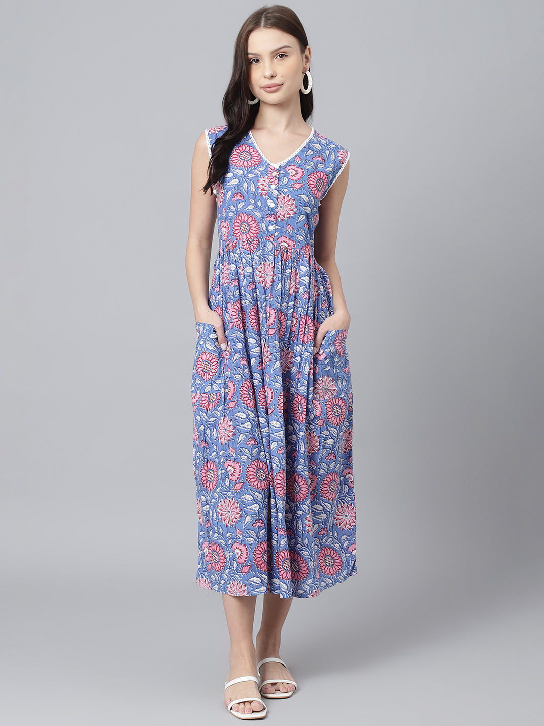 Women's Floral Print Cotton Pocket A-Line Midi Dress - DECKEDUP