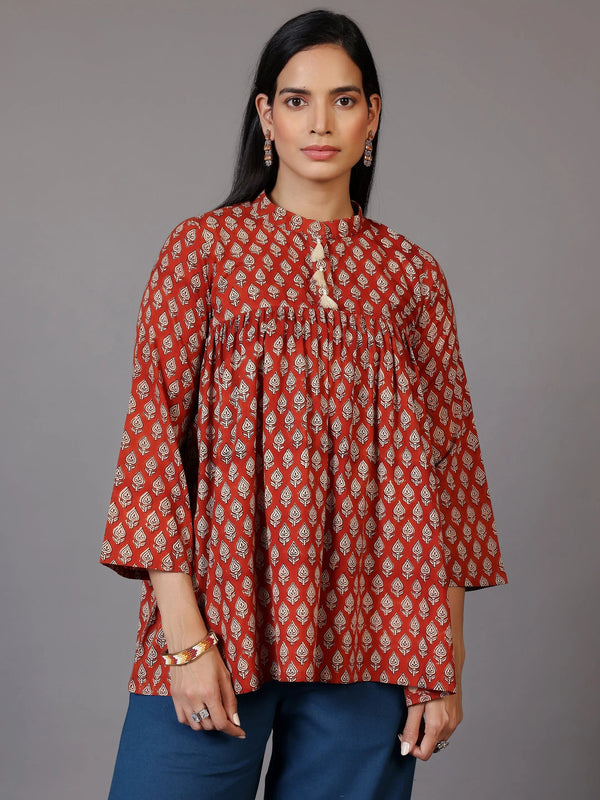 Rust Printed Cotton A-Line Kurti