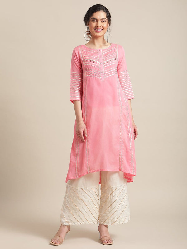 Women's Peach Gota Embellished A Line Kurta With Gota Embellished Palazzo - Varanga