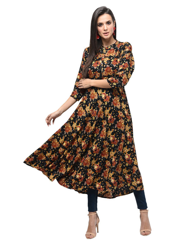 Women's Black Rayon Printed Regular Sleeves Collared Neck Casual Kurta Only - Myshka