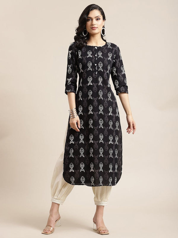 Women's Black And White Kurta With Curved Hem And Having Turnup Sleeves - Varanga