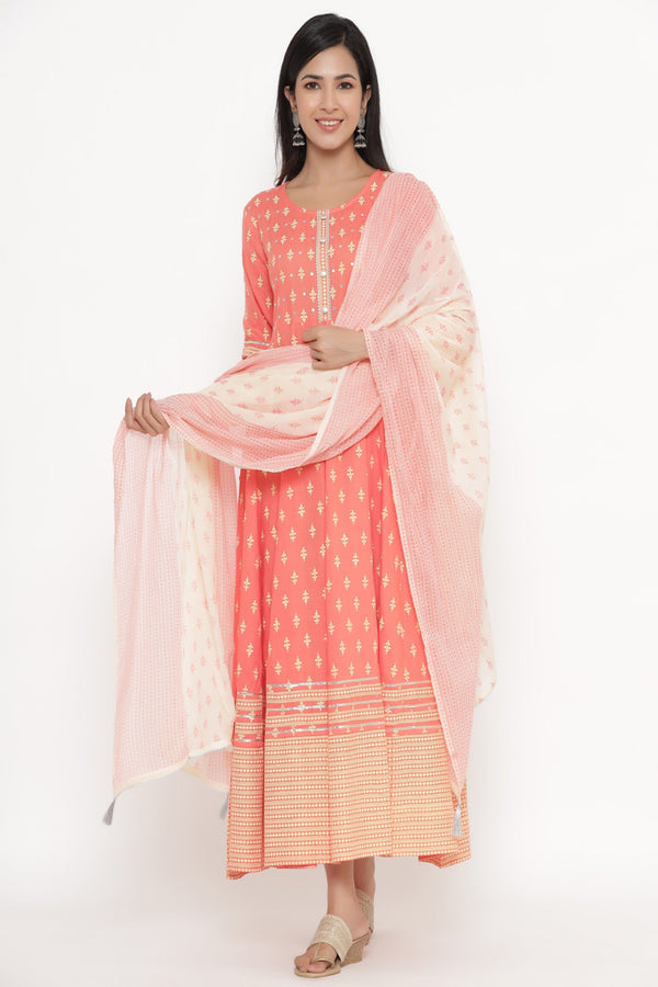 Women's Peach Rayon Anarkali Kurta with Dupatta by Kipek (2pcs Set)