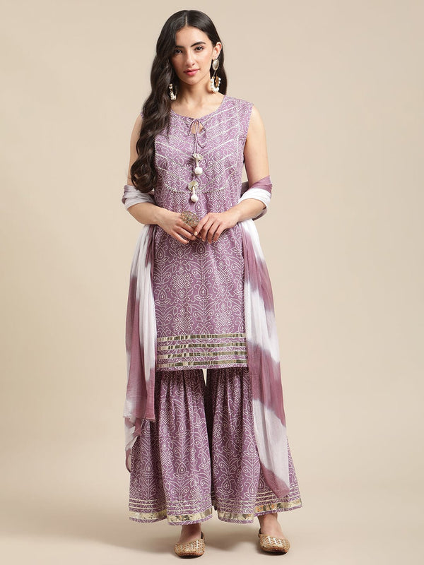 Women's Lavender Bandhej Kurta Sharara Set With Tye And Dye Dupatta And Heavy Gota Embellishment - Varanga