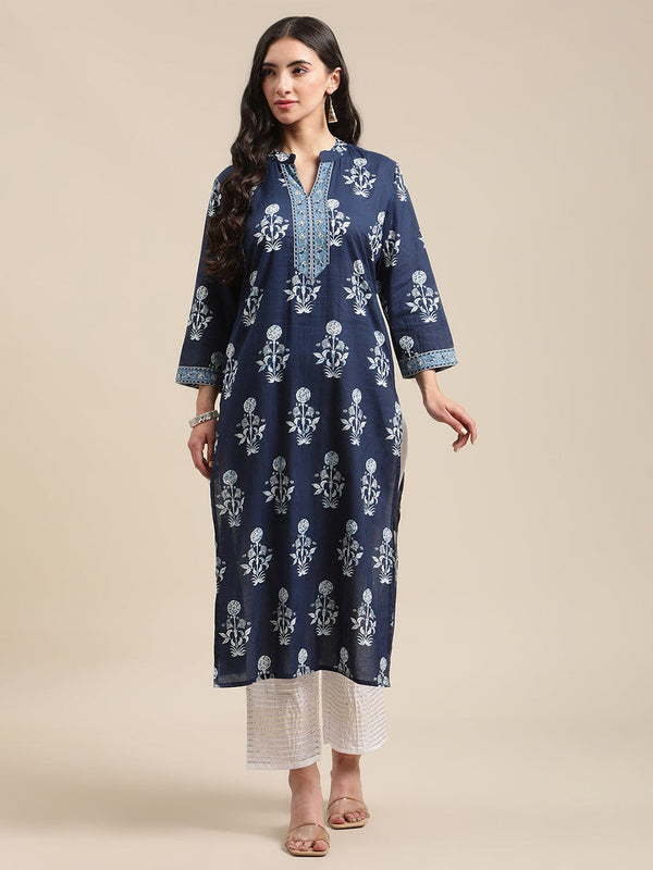 Women's Indigo Floral Printed patch work kurta with white gota work trouser - Varanga