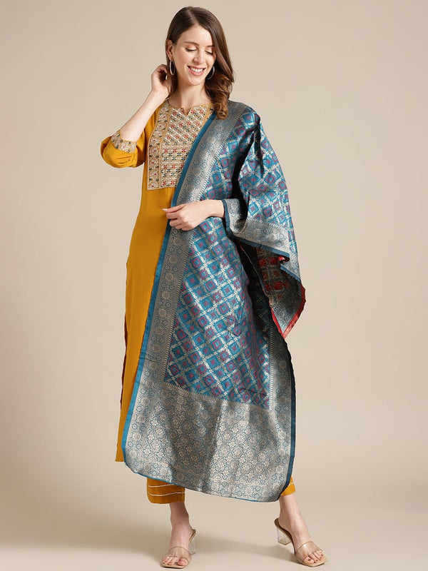 Women's Mustard Kurta With Mutli Color Woven Yoke And Banarasi Dupatta - Varanga