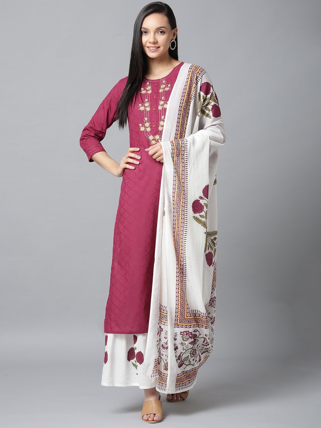 Women's Voilet And White Embroidered Kurta Set - Yufta