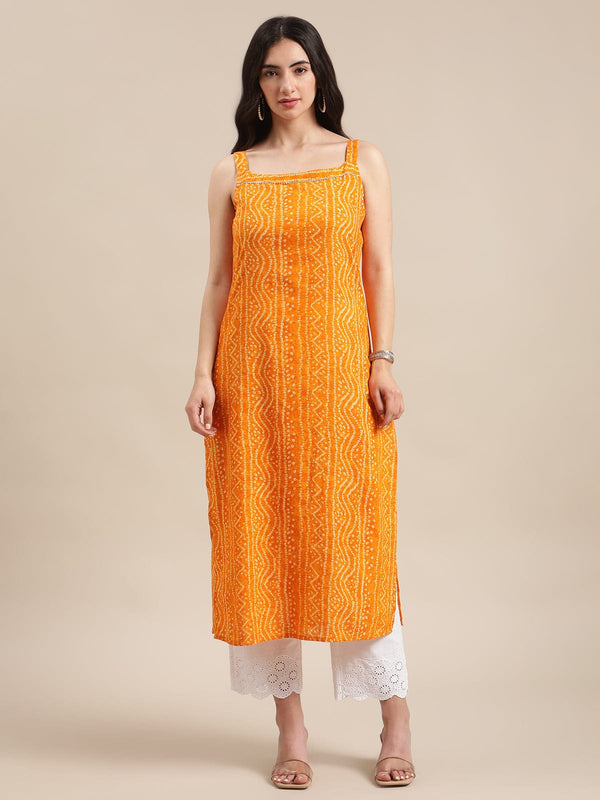 Women's Mustard And Off White Bandhej Printed Gota Embellishment Strap Kurta - Varanga