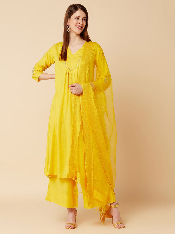 Women's Yellow Regular A-Line Kurta with Palazzos & With Dupatta - Varanga