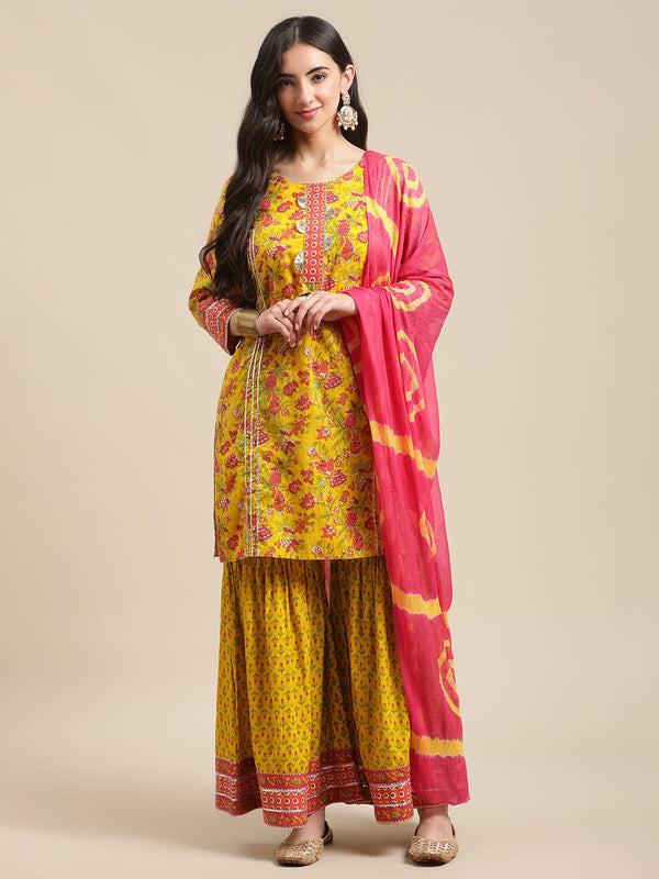 Women's Mustard Floral Gota Embellished Printed Kurta Sharara Set With Pink Tie N Dye Dupatta - Varanga