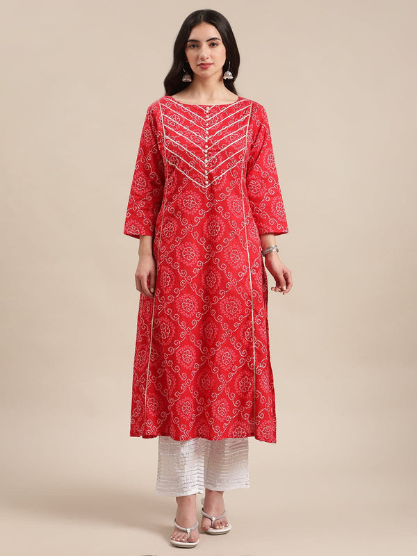 Women's Red Bandhej A Line Gota Embellished Kurta With Round Keyhole At Back - Varanga