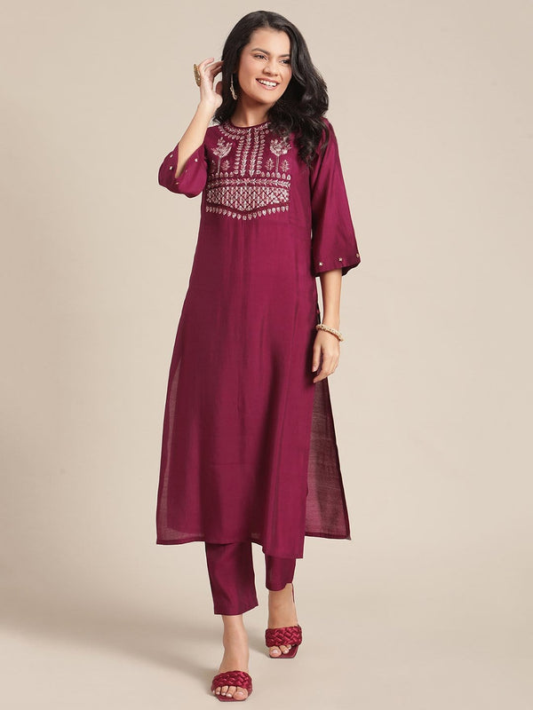 Women's Wine Zari And Resham Embroidere Kurta  Trouser Set - Varanga