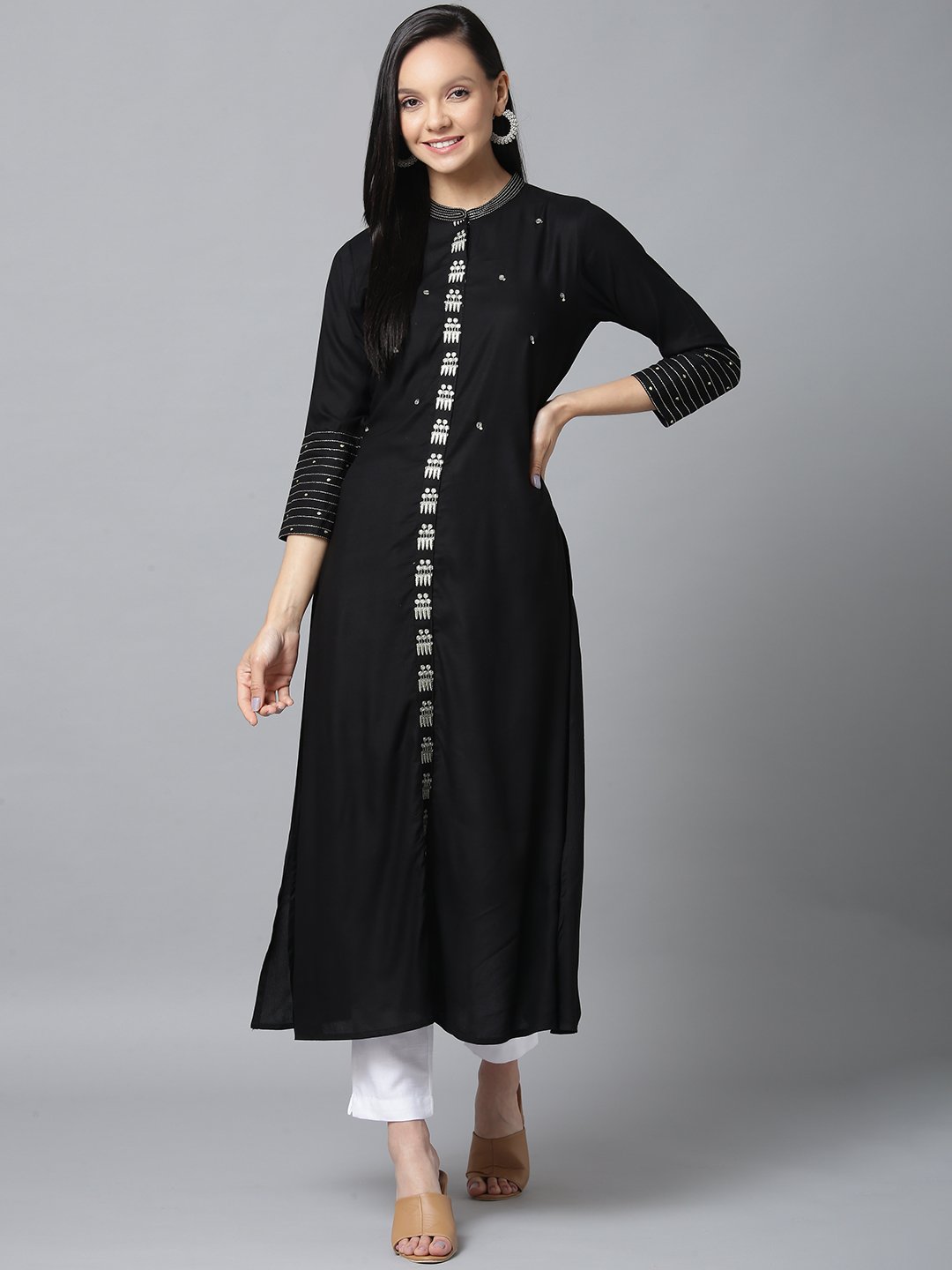 Women's Black And Dullgold Solid Kurta - Yufta