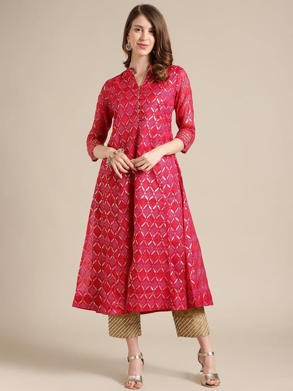 Women's Fuchsia And Gold Bandhej Foil Printed Anarkali Kurta With 3/4Th Sleeves - Varanga