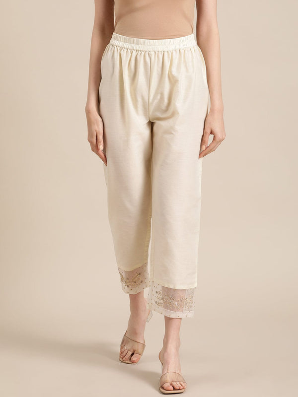 Women's Off White Silk & Organza Zari Embellished Trousers - Varanga